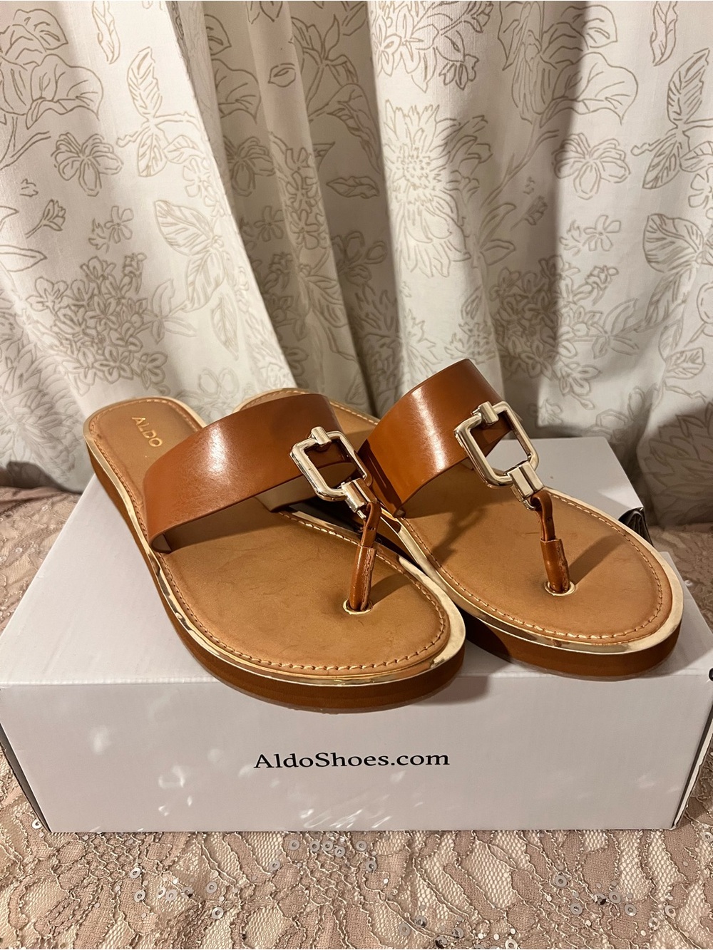 ALDO Brown Leather Thong Sandals with Gold Buckle Accent